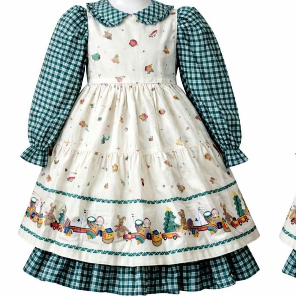 Daisy Kingdom  2 Piece Dress PINAFORE Girls 4 Green Plaid Christmas Factory VTG